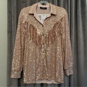 NWT Gold Sequin Fringe Button Down Shirt | M